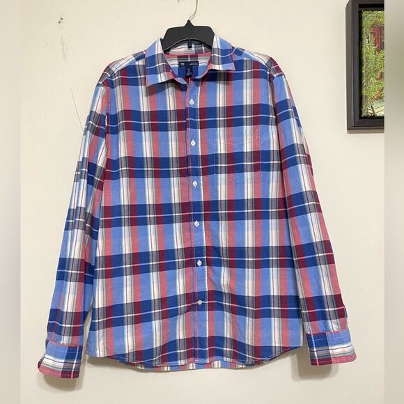 Gap classic fit plaid button up shirt long sleeve cotton blue red size L - Picture 4 of 13